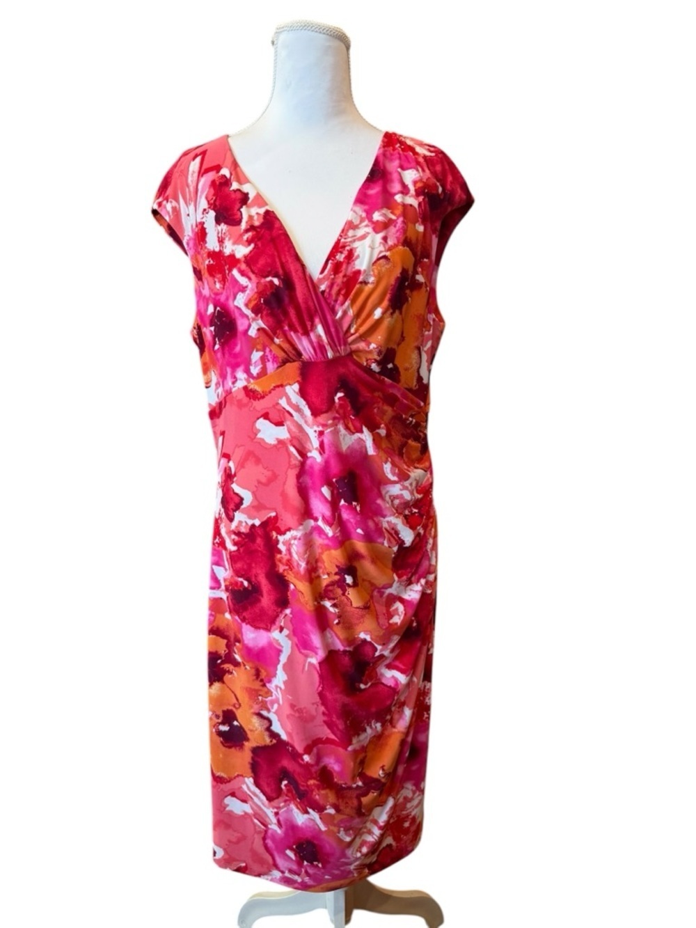 Lauren Ralph Lauren Sheath Dress Size 14 Pink Orange Floral Ruched V Neck Midi